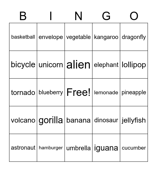 Three Syllable Words Bingo Card