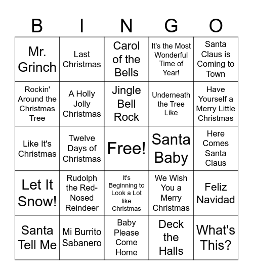 Holiday Song Bingo Card