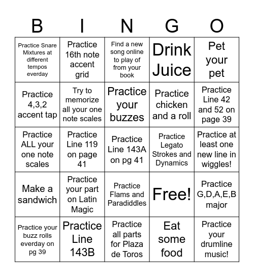 Percussion 6th Bingo Card