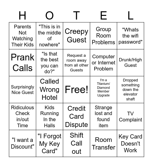 Hotel Bingo Card