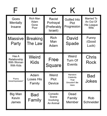 Adam Sandler Movie Bingo Card