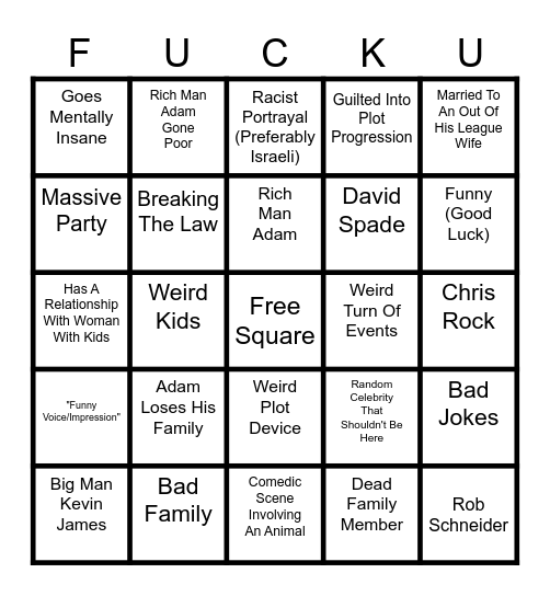 Adam Sandler Movie Bingo Card