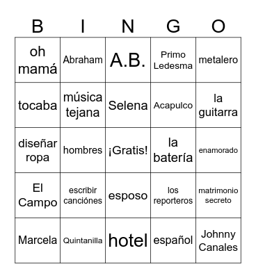 Selena Chapters 1-6 Bingo Card