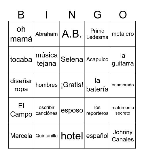 Selena Chapters 1-6 Bingo Card