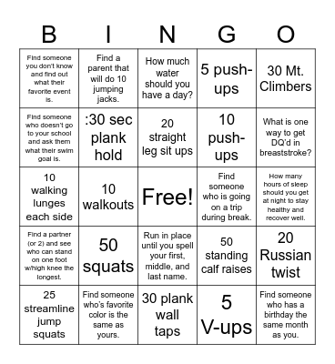 HAC Christmas Bingo Workout Bingo Card