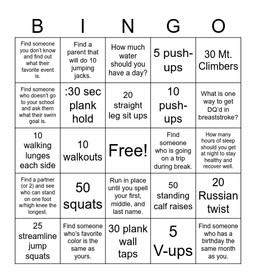 HAC Christmas Bingo Workout Bingo Card
