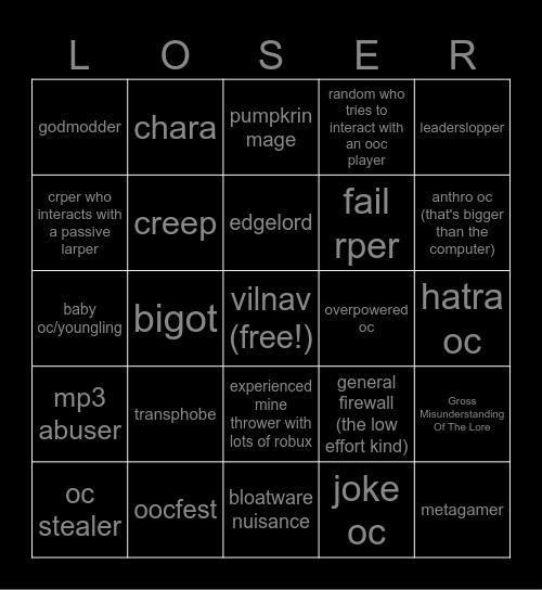 dbrp loser bingo Card