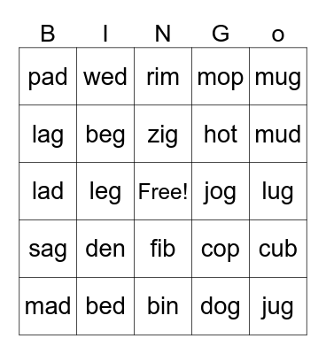 CVC Word Bingo Card