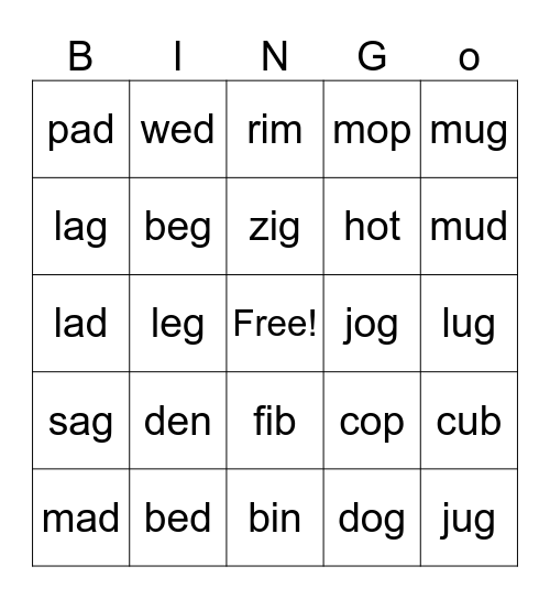 CVC Word Bingo Card