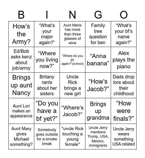 Xmas Eve Bingo Card