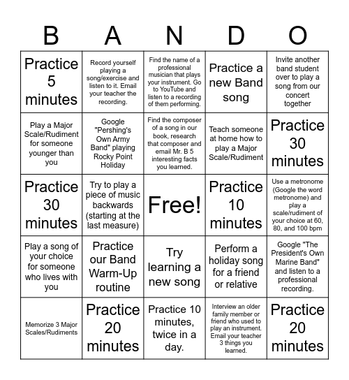 Springer Band Winter Break Band Bingo Card