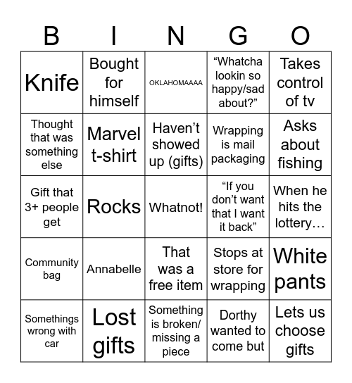 Grandpa Gift Bingo Card