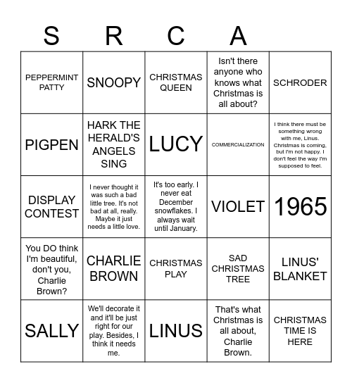 A CHARLIE BROWN CHRISTMAS Bingo Card