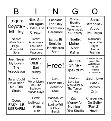 Grain KSQ Music Choice Bingo Card