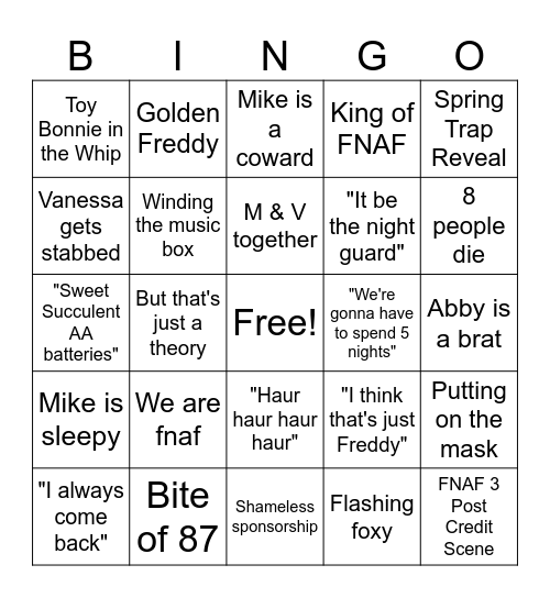 FNAF 2 Bingo Card