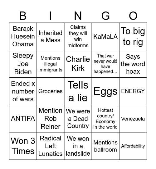 Trumpster-fire address Bingo Card