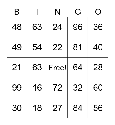 Multiplication Bingo Card