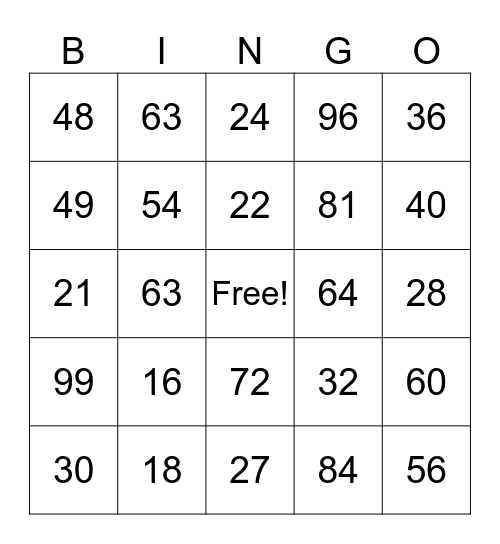 Multiplication Bingo Card