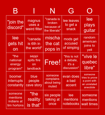 Lee's Live Bingo Card