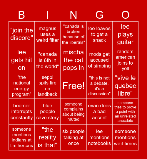 Lee's Live Bingo Card