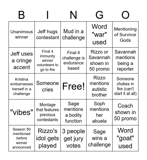 Survivor 49 Finale Bingo Card