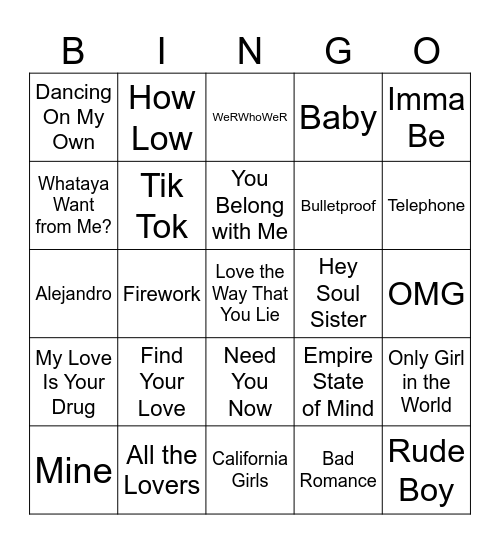 Songs of 2010 Bingo Card