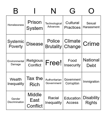 Contemporary World Issues Bingo Card