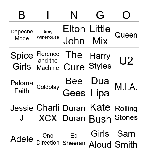 British Invasion Bingo Card