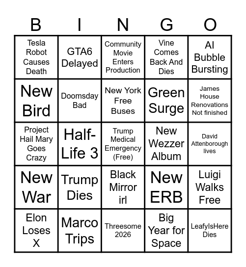 Big 2026 Predictions Bingo Card