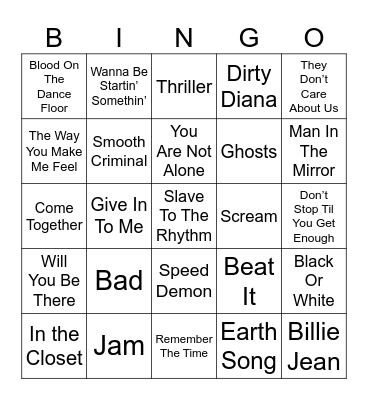 Michael Jackson Bingo Card