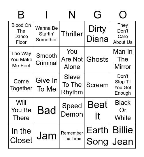 Michael Jackson Bingo Card