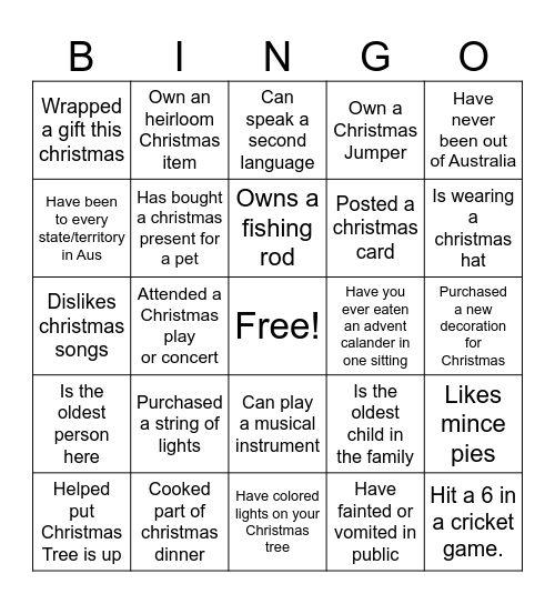 Christmas Family Bingo Card
