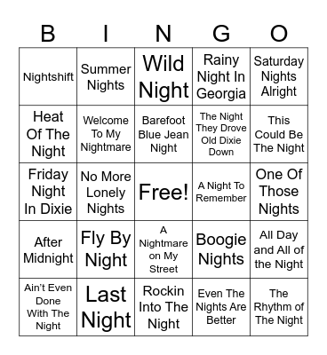 “Night” Songs Bingo Card