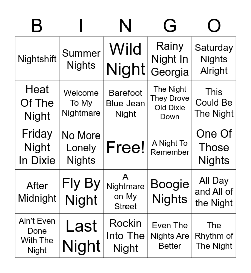 “Night” Songs Bingo Card