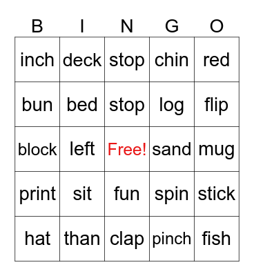 Short Vowels Bingo Card