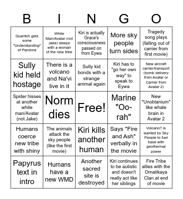 Avatar Fire & Ash Bingo Card