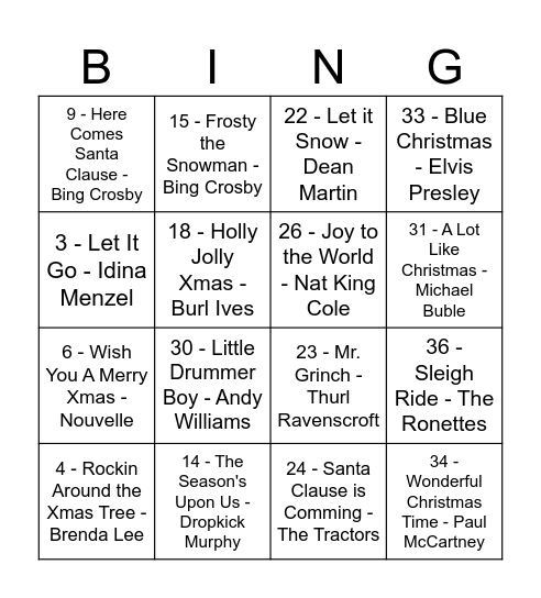 Jingle Bing O Bingo Card