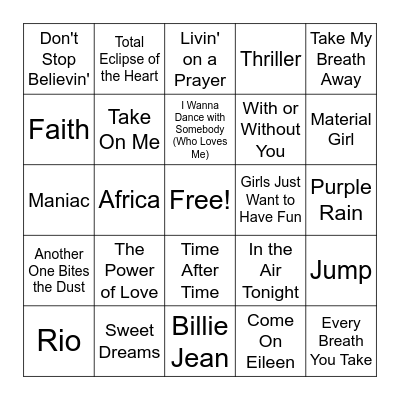 1980's Hits Bingo Card