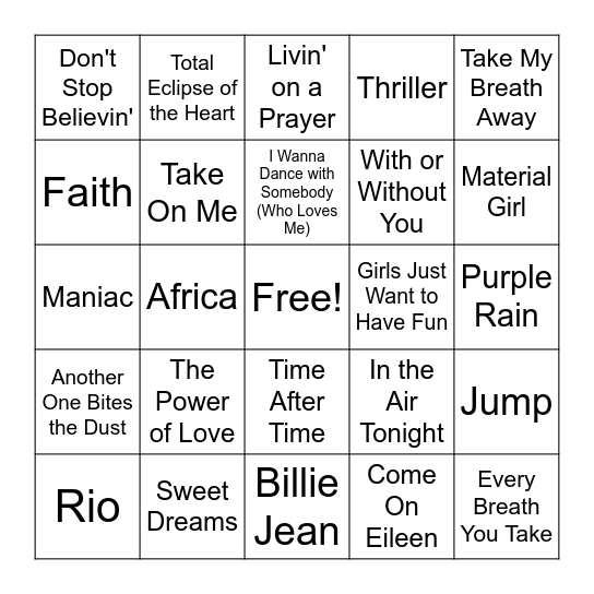 1980's Hits Bingo Card