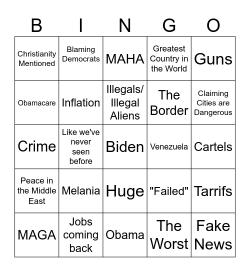 Trump National Address Bingo Card