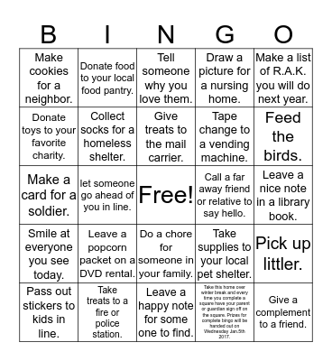 Random Acts of Kindness Bingo Card