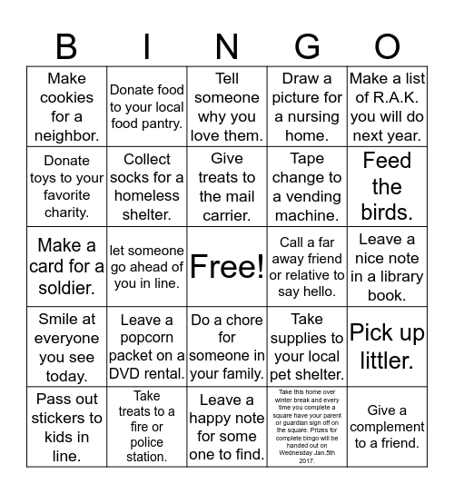 Random Acts of Kindness Bingo Card