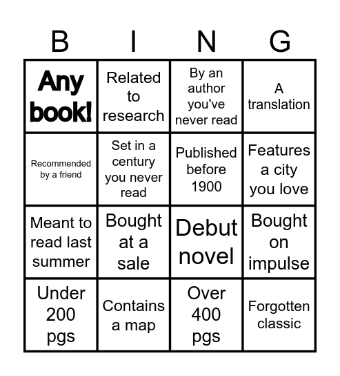 Backlog Book Challenge Bingo Card
