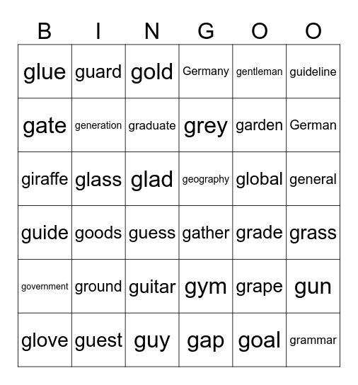 "G" Bingo Card