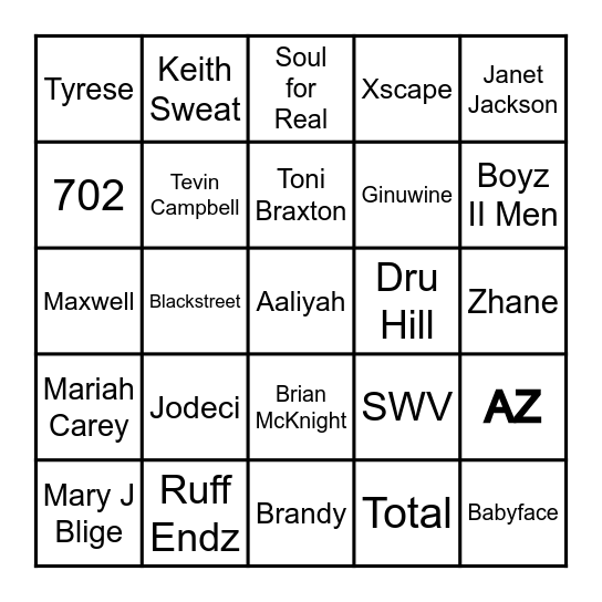 90s R&B Bingo with Dj Voy Bingo Card