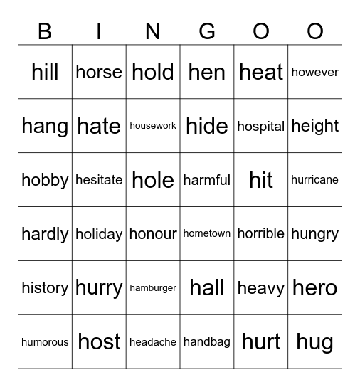 “H” Bingo Card