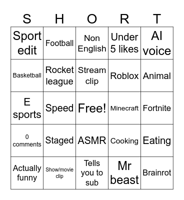 YouTube shorts Bingo Card