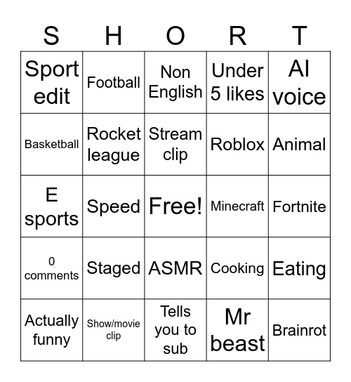YouTube shorts Bingo Card