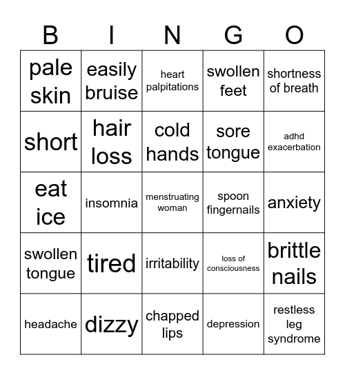 squishy's iron deficiency bingo Card
