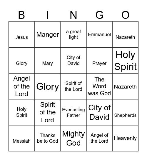 Lessons and Carols Bingo Card